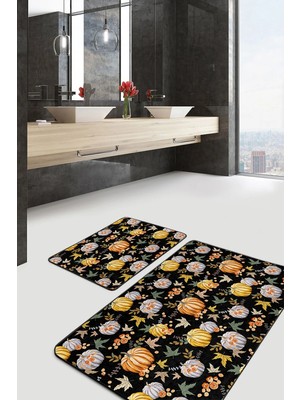 Rem Home Remhome Siyah Zemin Kabak & Yaprak Motifli 2'li Kaymaz Tabanlı Banyo & Mutfak Paspas Takımı Takım Banyo Paspası