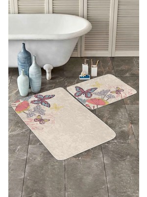 Rem Home Remhome Krem Zemin Kelebek Motifli 2'li Kaymaz Tabanlı Banyo & Mutfak Paspas Takımı Takım Banyo Paspası