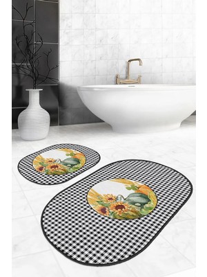 Rem Home Remhome Siyah Beyaz Ekose Motifli Kabak Tasarımlı 2'li Oval Banyo Paspas Takımı & Mutfak Paspas Seti Takım Banyo Paspası