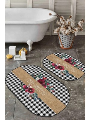 Rem Home Remhome Siyah Ekose Mery Christmas Tasarımlı 2'li Oval Mutfak Paspas Seti & Banyo Halısı Takımı Takım Banyo Paspası