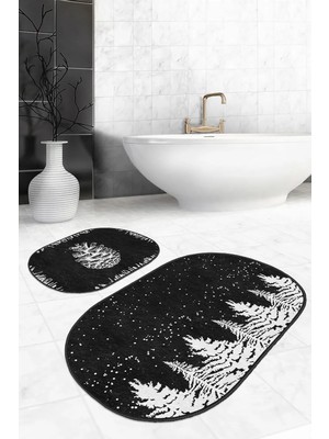 Rem Home Remhome Siyah Beyaz Çam Ağacı Kozalak Tasarımlı 2'li Oval Kaymaz Tabanlı Banyo & Mutfak Paspas Takımı Takım Banyo Paspası