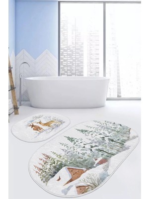 Rem Home Remhome Kış Temalı Bağ Evi Tasarımlı Dijital Baskılı 2'li Oval Kaymaz Tabanlı Banyo & Mutfak Paspas Takımı Takım Banyo Paspası