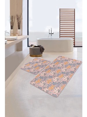 Rem Home Remhome Pudra Zeminde Onedraw Çizimli Çiçek Desenli 2'li Kaymaz Tabanlı Banyo & Mutfak Paspas Takımı Takım Banyo Paspası