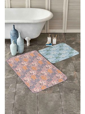 Rem Home Remhome Renkli Zeminde Onedraw Çizimli Çiçek Desenli 2'li Kaymaz Tabanlı Banyo & Mutfak Paspas Takımı Takım Banyo Paspası
