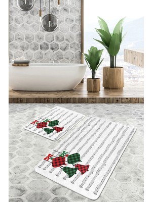 Rem Home Remhome Notalı Ekose Çan Motifli Dijital Baskılı 2'li Kaymaz Tabanlı Banyo & Mutfak Paspas Takımı Takım Banyo Paspası