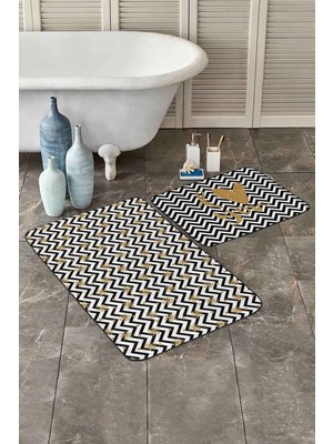 Rem Home Remhome Siyah Beyaz Zigzag Gold Detaylı Love Temalı 2'li Kaymaz Tabanlı Banyo & Mutfak Paspas Takımı Takım Banyo Paspası
