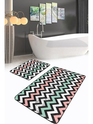 Rem Home Remhome Soft Renkli Zigzag Tasarımlı Dijital Baskılı 2'li Kaymaz Tabanlı Banyo & Mutfak Paspas Takımı Takım Banyo Paspası
