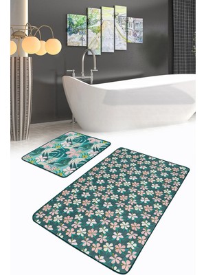 Rem Home Remhome Renkli Zemin Yaprak Motifli Dijital Baskılı 2'li Kaymaz Tabanlı Banyo & Mutfak Paspas Takımı Takım Banyo Paspası
