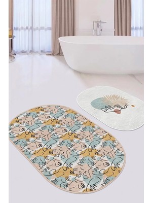 Rem Home Remhome Bohemian Özel Tasarım Dijital Baskılı 2'li Oval Kaymaz Tabanlı Banyo & Mutfak Paspas Takımı Takım Banyo Paspası