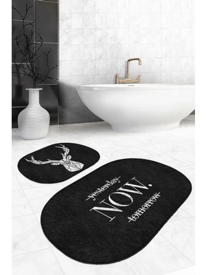 Rem Home Remhome Siyah Zemin Geyik Y.n.t. Tasarımlı 2'li Oval Kaymaz Tabanlı Banyo & Mutfak Paspas Takımı Takım Banyo Paspası