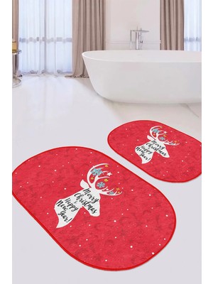 Rem Home Remhome Kırmızı Zeminli Geyik Motifli Yılbaşı Temalı 2'li Oval Kaymaz Tabanlı Banyo & Mutfak Paspas Takımı Takım Banyo Paspası