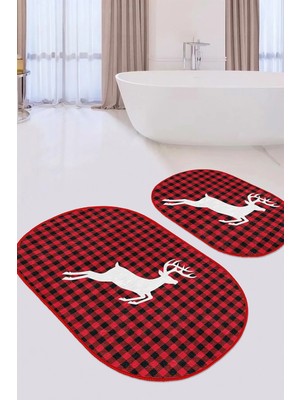 Rem Home Remhome Kırmızı Ekose Beyaz Geyik Tasarımlı 2'li Oval Kaymaz Tabanlı Banyo & Mutfak Paspas Takımı Takım Banyo Paspası
