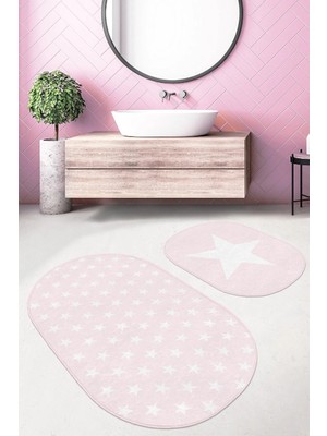 Rem Home Remhome Pembe Zemin Yıldız Temalı 2'li Oval Kaymaz Tabanlı Banyo & Mutfak Paspas Takımı Takım Banyo Paspası