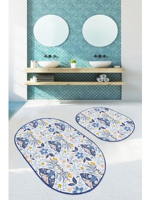 Rem Home Remhome Mavi Çini Motifli Kelebek Tasarım Dijital Baskılı 2'li Oval Kaymaz Taban Banyo & Mutfak Paspas Seti Takım Banyo Paspası