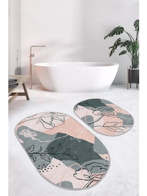 Rem Home Remhome Pudra Zemin Bohem Motifli 2'li Oval Kaymaz Tabanlı Banyo & Mutfak Paspas Takımı Takım Banyo Paspası