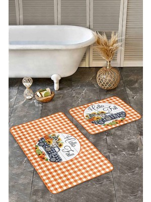 Rem Home Remhome Turuncu Ekose Motifli 2'li Banyo Paspas Seti & Mutfak Paspas Takımı Takım Banyo Paspası