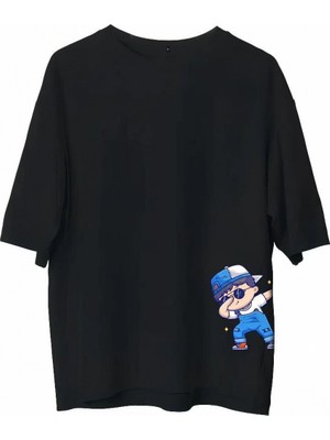 Hace Bazaar Bisiklet Yaka Baskılı Oversize T-Shirt - Siyah -