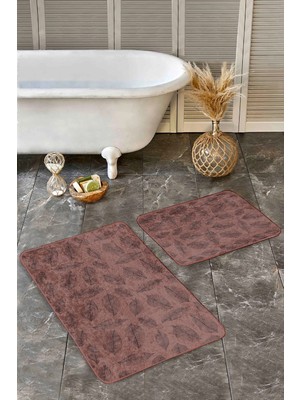 Rem Home Remhome 2li Set Kahverengi Zeminde Yaprak Motifli Eskitme Desenli Floral Sade & Şık 2'li Banyo Paspas Takımı Takım Banyo Paspası