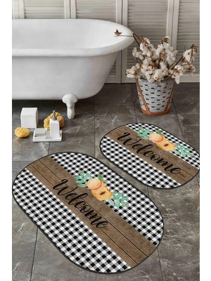 Rem Home Remhome Welcome Temalı Ekose Motifli 2'li Oval Kaymaz Tabanlı Mutfak Halısı Seti & Banyo Paspas Takımı Takım Banyo Paspası
