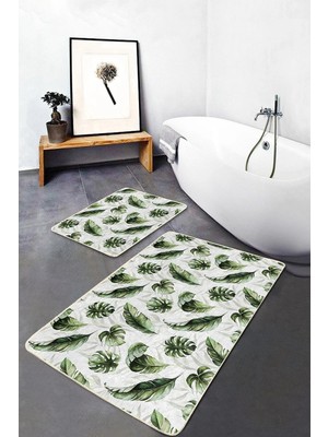 Rem Home Remhome Beyaz Zemin Yeşil Tropik Yaprak Motifli 2'li Kaymaz Tabanlı Banyo & Mutfak Paspas Takımı Takım Banyo Paspası