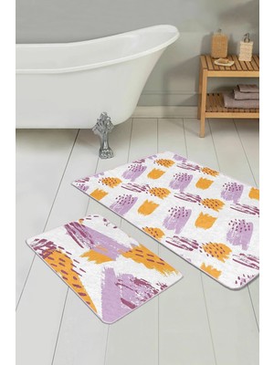 Rem Home Remhome Renkli Fırça Darbeleri Özel Tasarım 2'li Kaymaz Tabanlı Banyo & Mutfak Paspas Takımı Takım Banyo Paspası