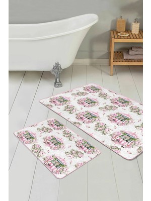 Rem Home Remhome Çiçek Demetli Pembe Araba Dijital Baskılı 2'li Kaymaz Tabanlı Banyo & Mutfak Paspas Takımı Takım Banyo Paspası