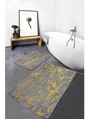 Rem Home Remhome Gri Gold Detaylı Mermer Motifli 2'li Kaymaz Tabanlı Banyo & Mutfak Paspas Takımı Takım Banyo Paspası