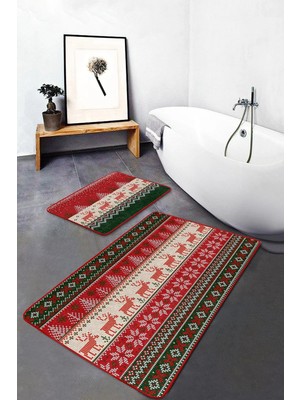 Rem Home Remhome Geyik Motifli Yılbaşı Temalı Dijital Baskılı 2'li Kaymaz Tabanlı Banyo & Mutfak Paspas Takımı Takım Banyo Paspası