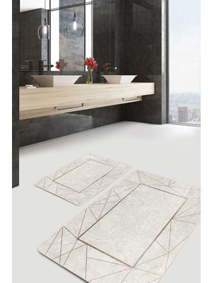 Rem Home Remhome Krem - Gold Zeminde Çerçeveli Motifli Klasik Geometrik Sade & Şık 2'li Banyo & Mutfak Paspas Takımı Takım Banyo Paspası