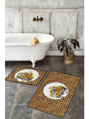 Rem Home Remhome Sarı Zebra Desenli 2'li Banyo Paspas Takımı & Mutfak Paspas Seti Takım Banyo Paspası