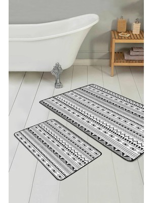 Rem Home Remhome Iskandinav Temalı Geometrik Çizimli 2'li Kaymaz Tabanlı Banyo & Mutfak Paspas Takımı Takım Banyo Paspası