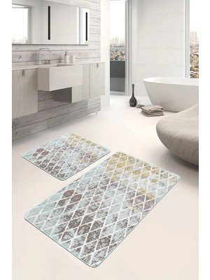 Rem Home Remhome Eskitme Zeminde Geometrik Motifli Klasik Geometrik Eskitme Motifli 2'li Banyo & Mutfak Paspas Takımı Takım Banyo Paspası