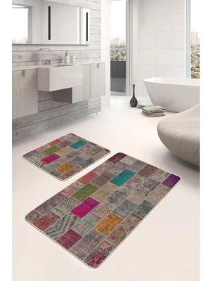 Rem Home Remhome 2'li Set Kırkyama Zeminde Etnik Motifli Patchwork Vintage Etnik Motifler 2'li Banyo Paspas Takımı Takım Banyo Paspası