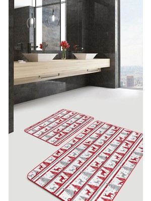 Rem Home Remhome Kırmızı Gri Yılbaşı Temalı Dijital Baskılı 2'li Kaymaz Tabanlı Banyo & Mutfak Paspas Takımı Takım Banyo Paspası