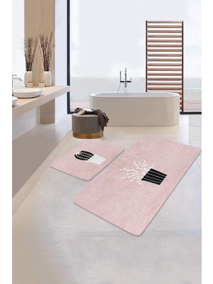 Rem Home Remhome Pembe Zemin Saksılı Kaktüs Dijital Baskılı 2'li Kaymaz Tabanlı Banyo & Mutfak Paspas Takımı Takım Banyo Paspası