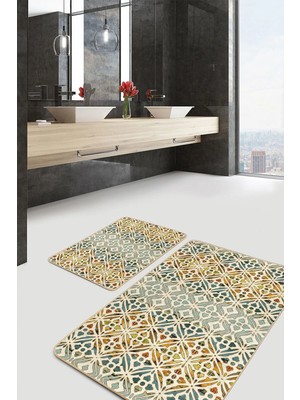 Rem Home Remhome 2'li Set Geleneksel Zeminde Etnik Motifli Kanvas Etnik Motifler Vintage 2'li Banyo Paspas Takımı Takım Banyo Paspası