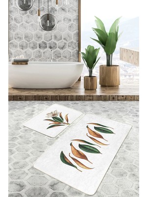Rem Home Remhome 3D Tropik Yaprak Motifli 2'li Banyo Paspas Seti & Mutfak Paspas Takımı Takım Banyo Paspası