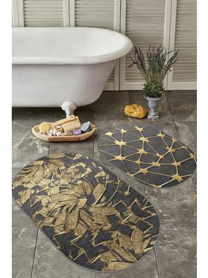 Rem Home Remhome Gold Detaylı Fırça Darbeleri 2'li Oval Kaymaz Tabanlı Banyo Paspas Seti & Klozet Paspas Takımı Takım Banyo Paspası