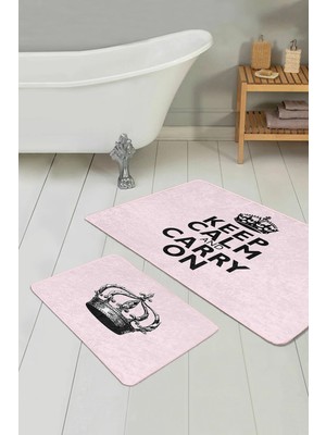 Rem Home Remhome Pembe Zemin Keep Calm Tasarımlı 2'li Banyo Halı Seti & Mutfak Paspas Takımı Takım Banyo Paspası