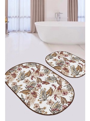 Rem Home Remhome Soft Tropik Yaprak Motifli 2'li Oval Kaymaz Tabanlı Banyo Paspas Takımı & Mutfak Halı Seti Takım Banyo Paspası