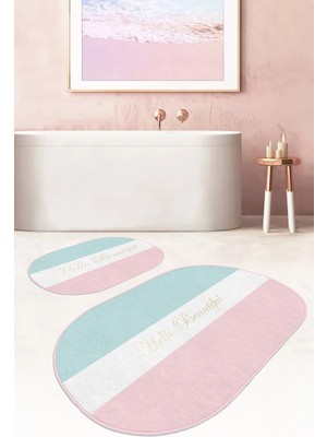 Rem Home Remhome Soft Renkli Hello Beatiful Temalı 2'li Oval Kaymaz Tabanlı Banyo & Mutfak Paspas Takımı Takım Banyo Paspası