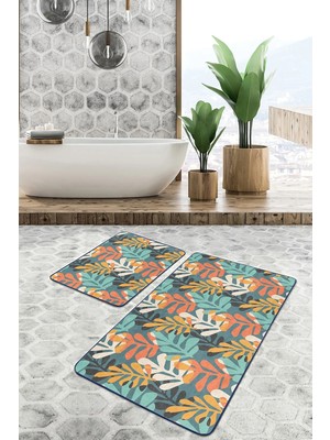 Rem Home Remhome Renkli Tropik Yapraklar Dijital Baskılı 2'li Kaymaz Tabanlı Banyo & Mutfak Paspas Takımı Takım Banyo Paspası