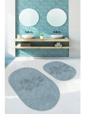 Rem Home Remhome Mavi Zeminli Online Çiçek Desenli 2'li Oval Kaymaz Tabanlı Banyo & Mutfak Paspas Takımı Takım Banyo Paspası