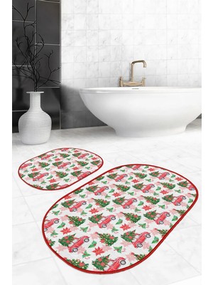 Rem Home Remhome Çam Ağacı Kırmızı Araba Dijital Baskılı 2'li Oval Kaymaz Tabanlı Banyo & Mutfak Paspas Takımı Takım Banyo Paspası