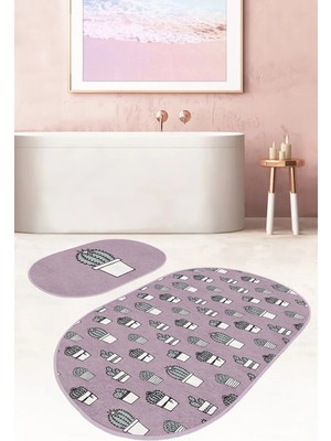 Rem Home Remhome Eflatun Zeminli Kaktüs Dijital Baskılı 2'li Oval Kaymaz Tabanlı Banyo & Mutfak Paspas Takımı Takım Banyo Paspası