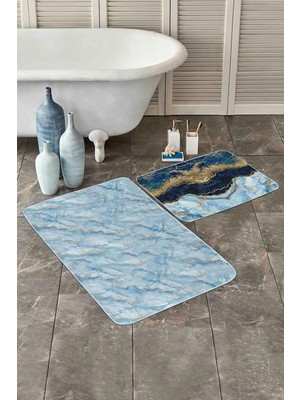 Rem Home Remhome Mavi Mermer Motifli Dijital Baskılı 2'li Kaymaz Tabanlı Banyo & Mutfak Paspas Takımı Takım Banyo Paspası
