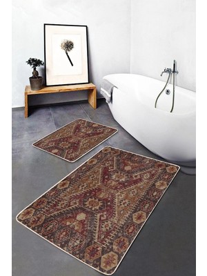 Rem Home Remhome 2'li Set Kahverengi Zeminde Antik Motifli Uşak Etnik Motifler Vintage 2'li Banyo Paspas Takımı Takım Banyo Paspası