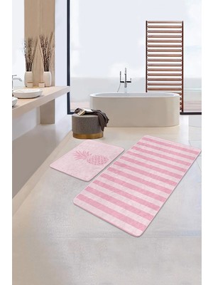 Rem Home Remhome Pembe Çizgili Ananas Motifli 2'li Kaymaz Tabanlı Banyo & Mutfak Paspas Takımı Takım Banyo Paspası