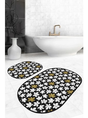 Rem Home Remhome Siyah Zemin Gold Detaylı Beyaz Yaprak Motifli 2'li Oval Kaymaz Tabanlı Banyo & Mutfak Paspas Takımı Takım Banyo Paspası