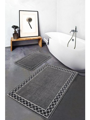 Rem Home Remhome 2'li Set Füme Zeminde Çerçeveli Motifli Örgü Desenli Geometrik Sade & Şık 2'li Banyo Paspas Takımı Takım Banyo Paspası